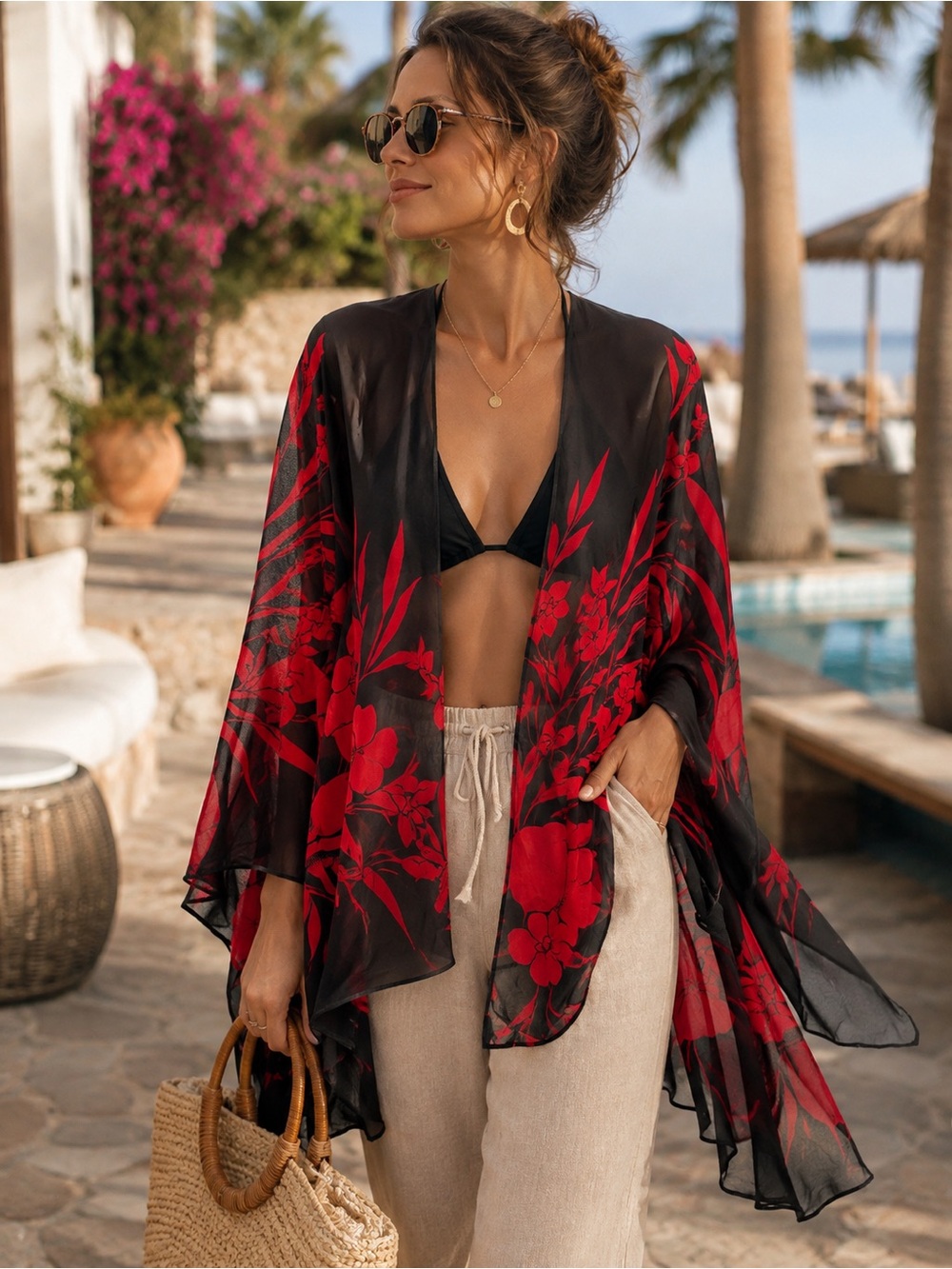 EVA BLUE Black Sheer Kimono with Red Floral Print
